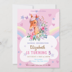 Invitation Joli Anniversaire Arc-en-Ciel Étoiles Cœurs Poney