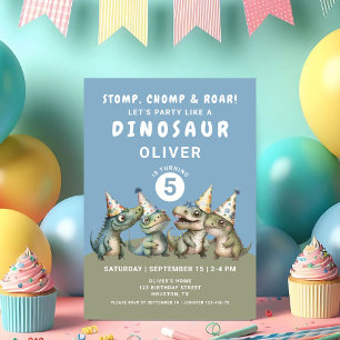 Invitation Joli anniversaire de 5 ans de dinosaure qui piétin