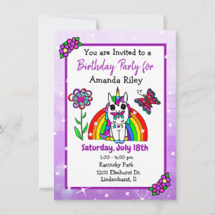 Invitation Joli Anniversaire de Licorne Violette et Fille de