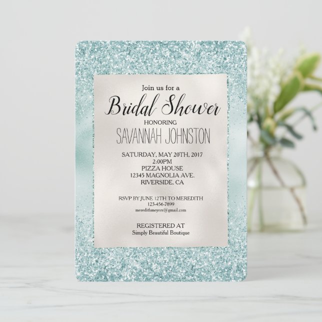 Invitation Joli Aqua Mint Glitzy Parties scintillant Fête des (Debout devant)