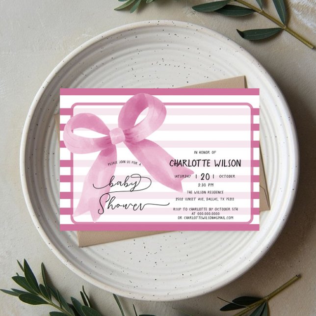 Invitation Joli Baby shower Aquarelle Rose Bow (Créateur téléchargé)