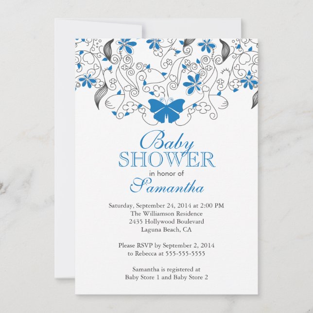 Invitation Joli Baby shower Bébé Beurre Papillon Bleu (Devant)