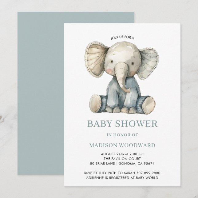 Invitation Joli Baby shower Blue Plush Toy Elephant (Devant / Derrière)