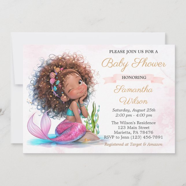 Invitation Joli Baby shower Brown de petite fille de sirène (Devant)