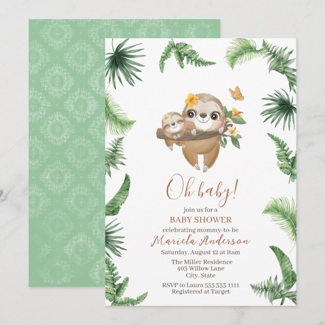 Invitation Joli Baby shower d'aquarelle Sloth Greenery (Devant / Derrière)