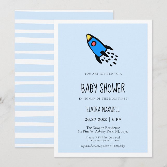 Invitation Joli Baby shower de bébé garçon de roquette bleu (Devant / Derrière)