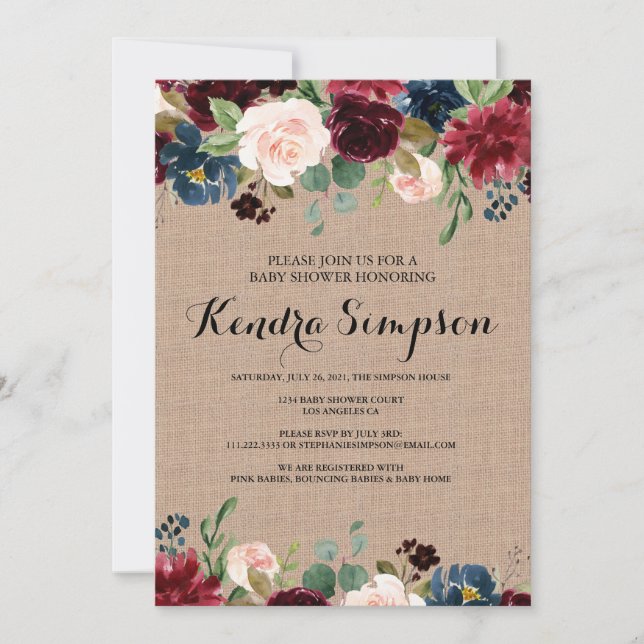 Invitation Joli Baby shower de Burlap à couronne florale (Devant)