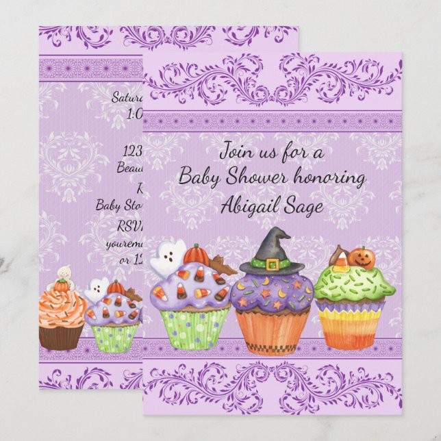 Invitation Joli Baby shower de Cupcakes d'Halloween violet (Devant / Derrière)