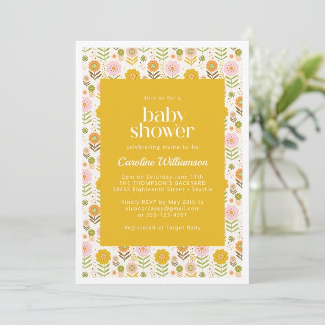 Invitation Joli Baby shower de fleurs jaunes scandinaves rétr (Debout devant)