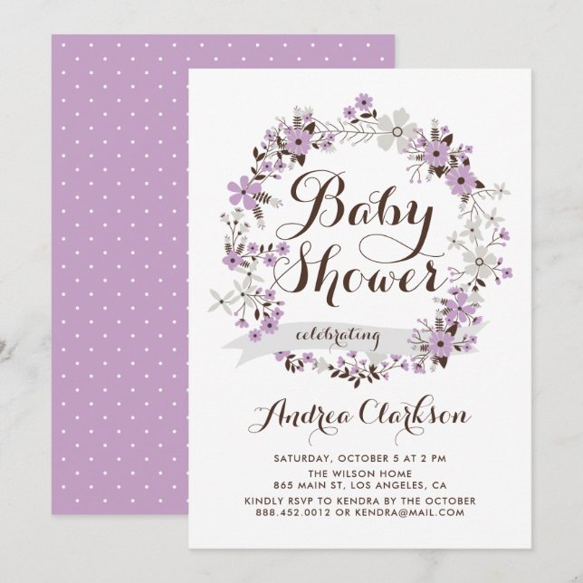 Invitation Joli Baby shower de gerbe de fleurs violettes et g (Devant / Derrière)