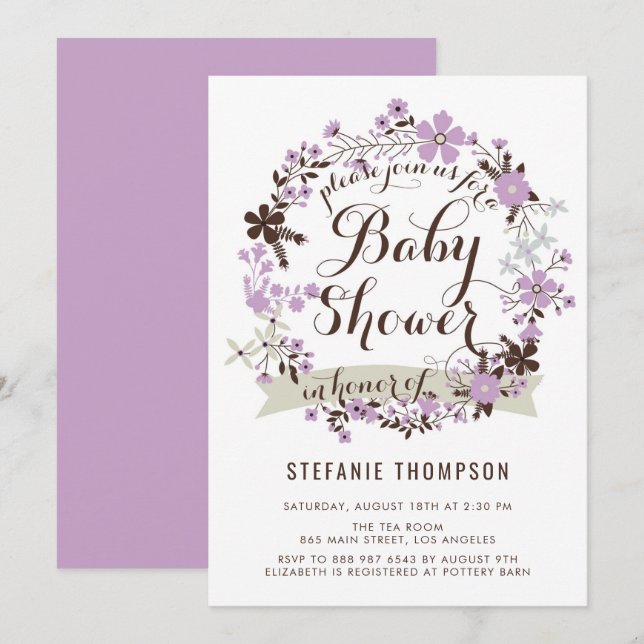 Invitation Joli Baby shower de gerbe de fleurs violettes et g (Devant / Derrière)