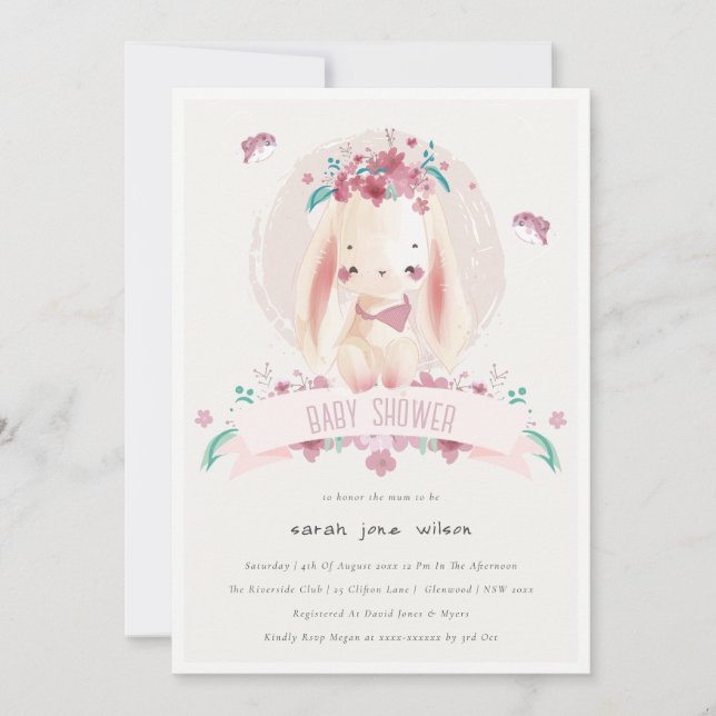 Invitation Joli Baby shower de lapin et d'oiseaux rose et élé (Devant)