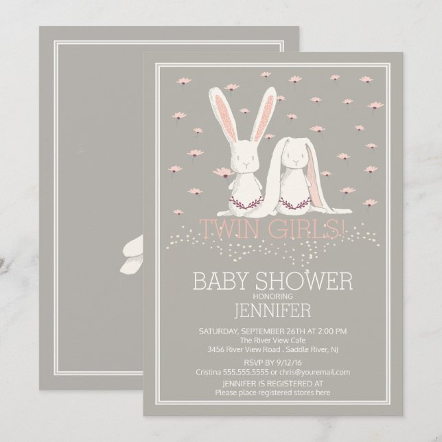 Invitation Joli Baby shower de lapin rose printemps Filles TW (Devant / Derrière)