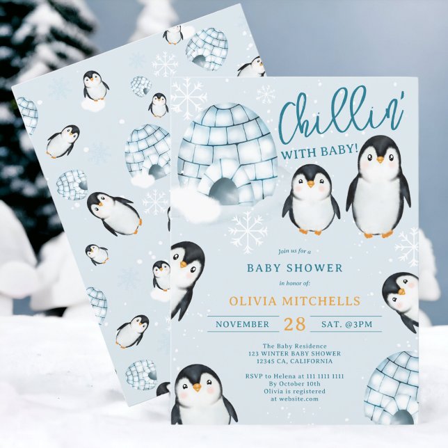 Invitation Joli baby shower de neige des igloos de manchots d (Cute winter penguin igloos winter baby shower invitation)