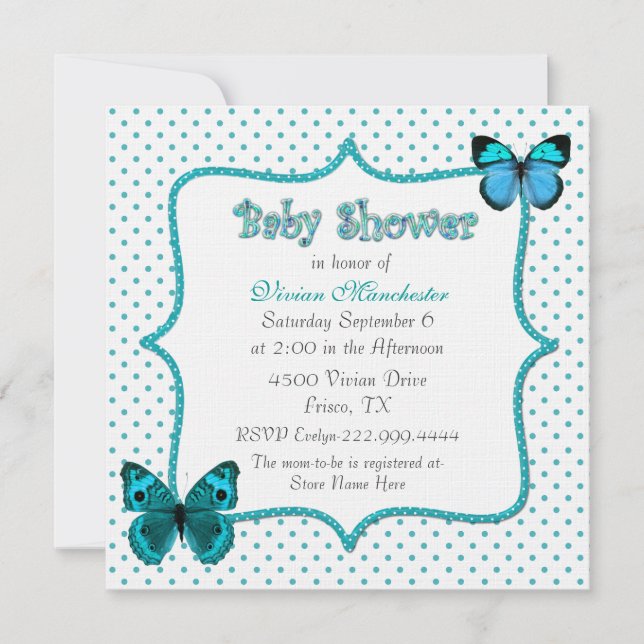 Invitation Joli baby shower de pois et de papillons (Devant)