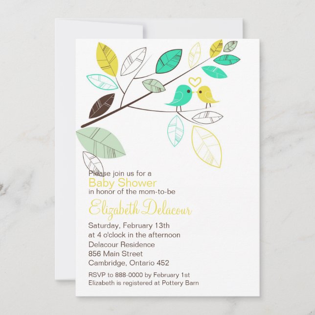 Invitation Joli Baby shower de printemps des Lovebirds jaunes (Devant)