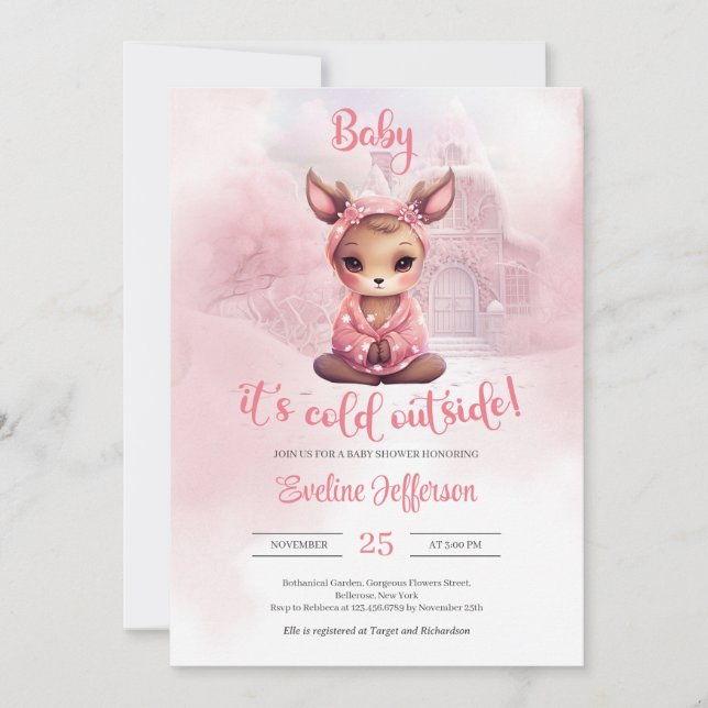 Invitation Joli Baby shower d'hiver fille cerf (Devant)