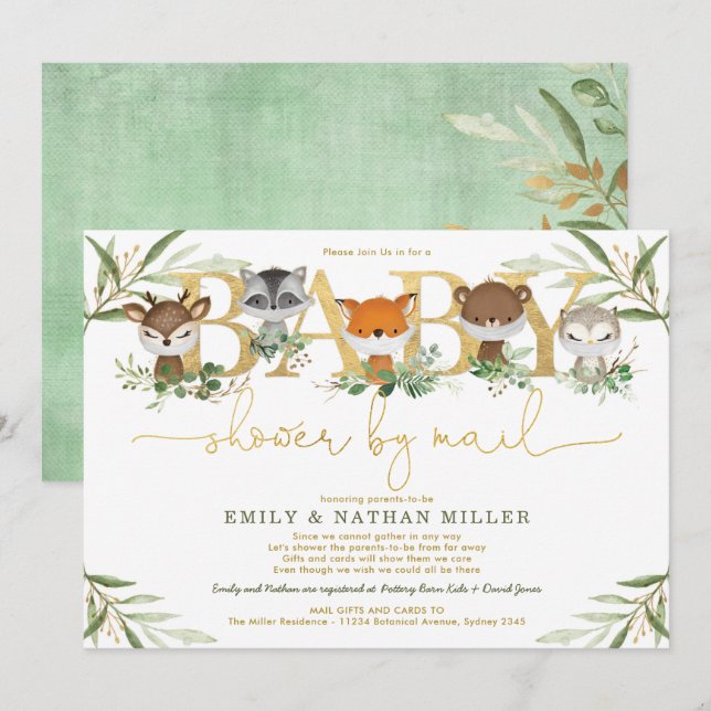 Invitation Joli Baby shower d'or en bois vert par la poste (Devant / Derrière)