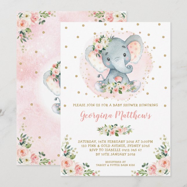 Invitation Joli Baby shower Eléphant Blush or Floral Rose (Devant / Derrière)
