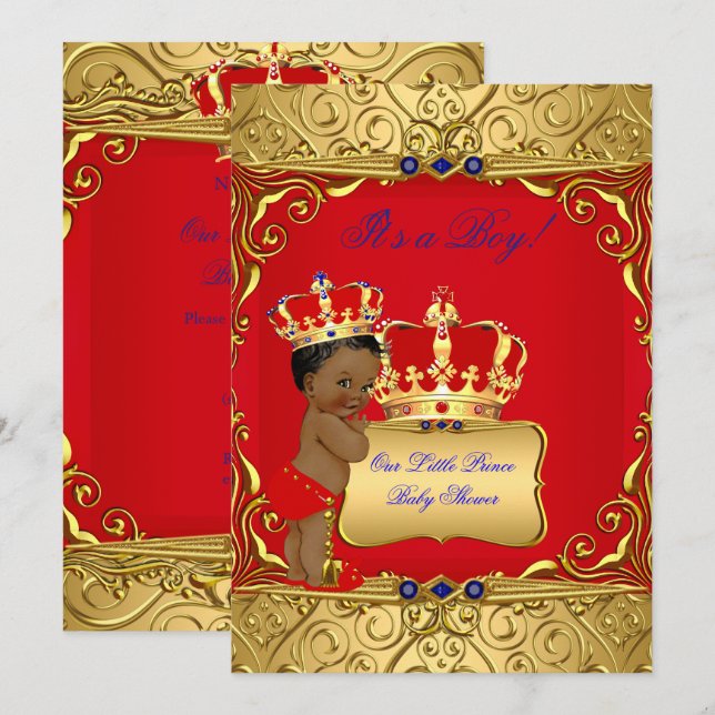 Invitation Joli Baby shower ethnique Boy Regal Rouge Royal Bl (Devant / Derrière)