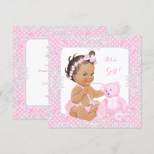 Invitation Joli Baby shower fille dentelle rose ours Brunette