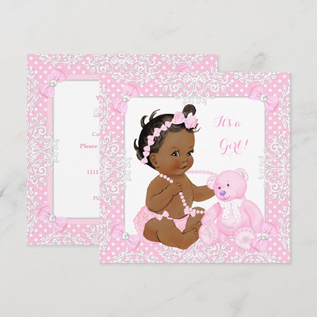 Invitation Joli Baby shower fille dentelle rose ours ethnique (Devant / Derrière)