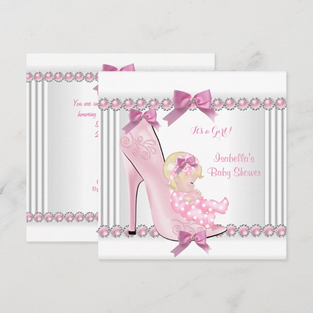 Invitation Joli Baby shower fille rose Pois haut talon C3 (Devant / Derrière)
