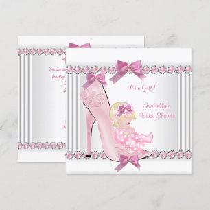 Invitation Joli Baby shower fille rose Pois haut talon C3