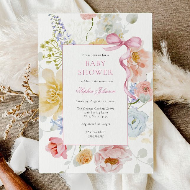 Invitation Joli Baby shower Fleur sauvage de Bow rose (Créateur téléchargé)