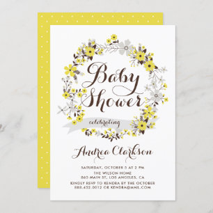 Invitation Joli Baby shower fleuri jaune et gris