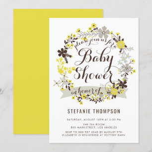 Invitation Joli Baby shower fleuri jaune et gris