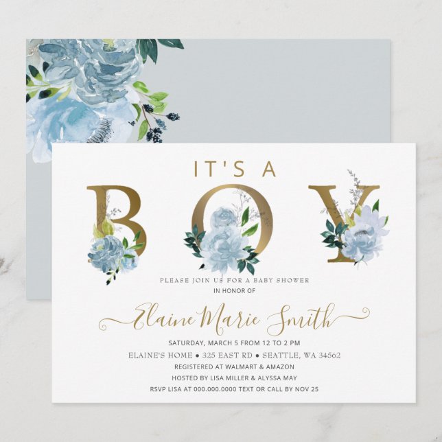Invitation Joli Baby shower Floral Boy Fleurs Bleues (Devant / Derrière)