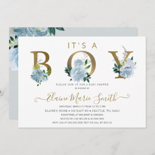 Invitation Joli Baby shower Floral Boy Fleurs Bleues