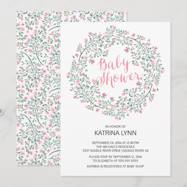 Invitation Joli Baby shower Floral Filles de couronne rose (Devant / Derrière)