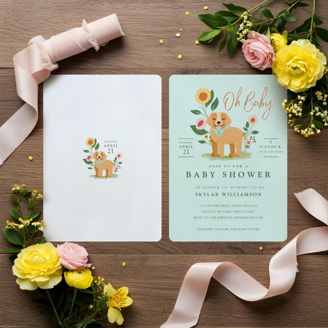 Invitation Joli Baby shower Floral Golden Retriever (Cute Adorable Floral Golden Retriever Baby Shower Invitation)