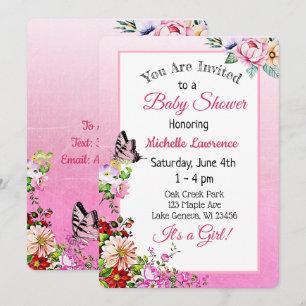Invitation Joli Baby shower floral papillon fille