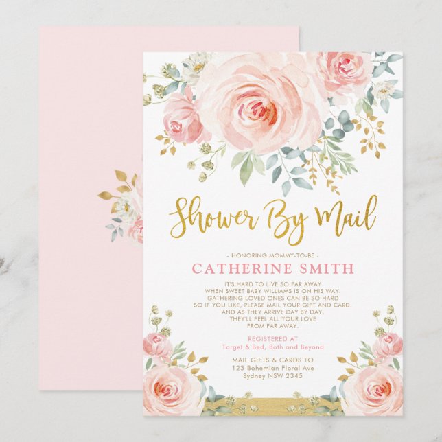 Invitation Joli Baby shower Floral Rose Rose Fille Par Courri (Devant / Derrière)