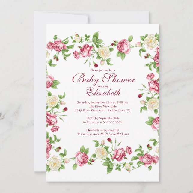 Invitation Joli Baby shower Floral Rose Rouge & Blanc (Devant)
