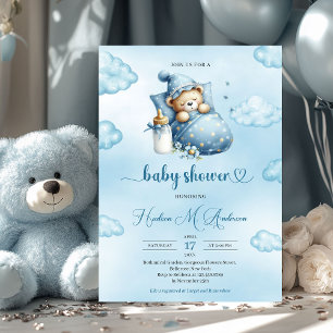 Invitation Joli Baby shower garçon ours en peluche dormant