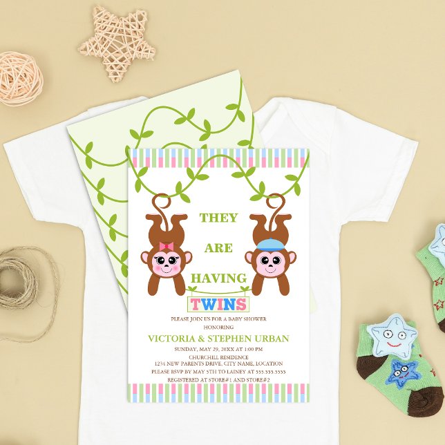 Invitation Joli Baby shower jumeau garçon et fille singe (Cute twin boy and girl monkey baby shower invitation front and back view.)