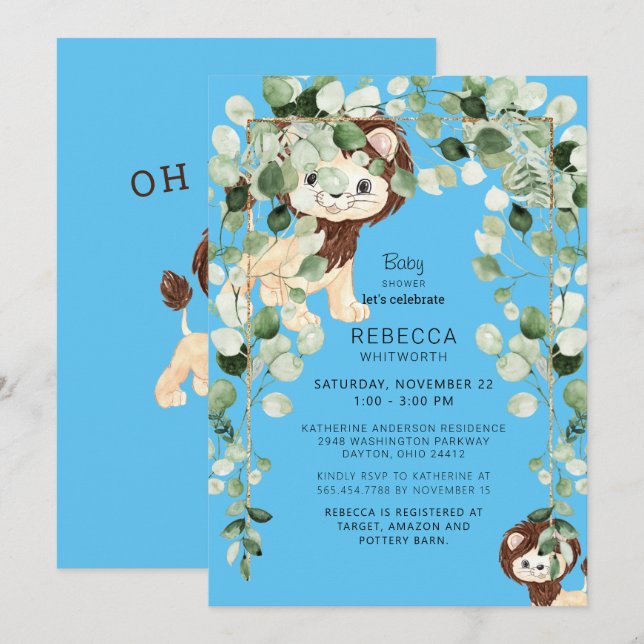 Invitation Joli Baby shower Lion Folio Bleu En Personne (Devant / Derrière)