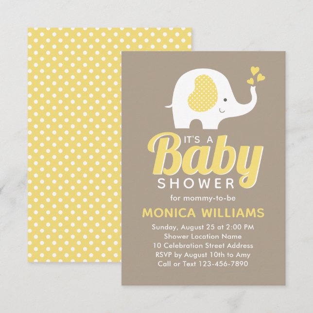 Invitation Joli Baby shower moderne jaune beige éléphant (Devant / Derrière)