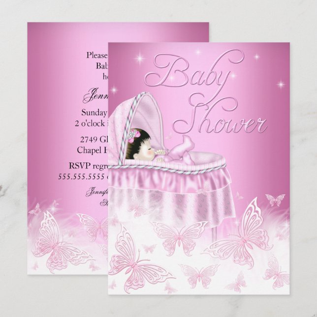 Invitation Joli Baby shower papillon rose étincelant (Devant / Derrière)