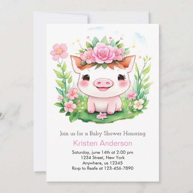 Invitation Joli Baby shower Piglet Aventure fille rose (Devant)