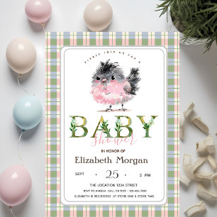 Invitation Joli Baby shower Poulet Vert rose Plaid