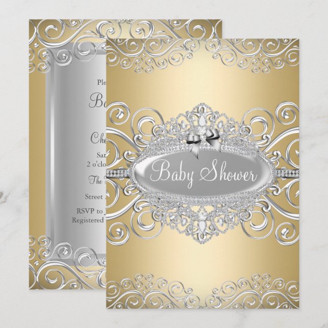 Invitation Joli Baby shower Princesse Damas Or & Argent (Devant / Derrière)