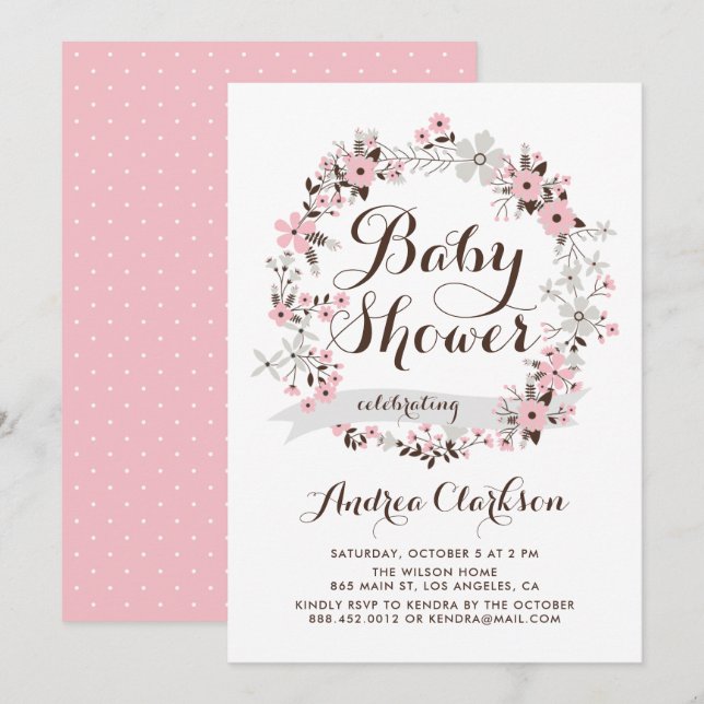 Invitation Joli Baby shower rose et gris fleuri (Devant / Derrière)