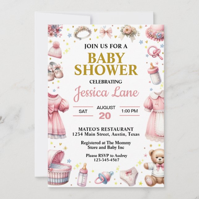 Invitation Joli Baby shower rose fille (Devant)
