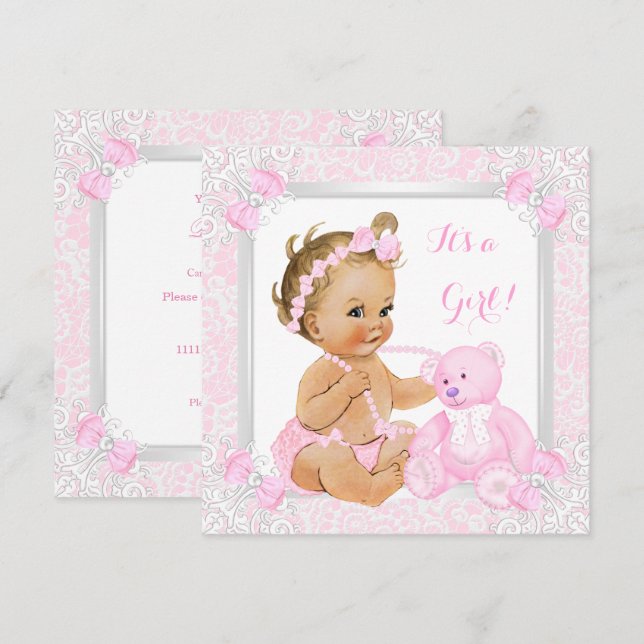 Invitation Joli Baby shower rose fille dentelle ours Blonde b (Devant / Derrière)