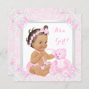 Invitation Joli Baby shower rose fille dentelle ours Brunette